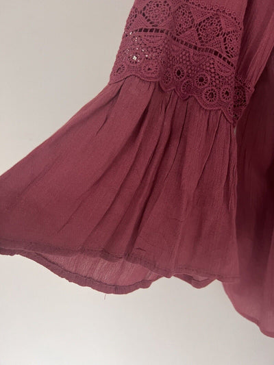 KNOX ROSE Fuchsia Flowy Top Sz XXL Lace Ruffle Flared Long Sleeves Blouse