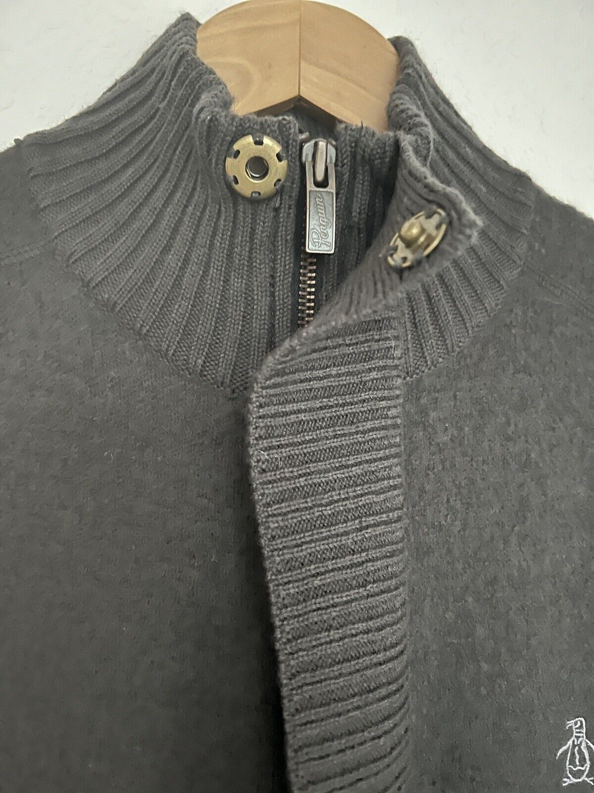 PENGUIN 100% Wool Sweater Sz M Gray Zip Mock Neck Chore Pockets Academia