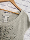 SOFT SURROUNDINGS Crochet Sweater Sz Petite L Gray Short Sleeve Open Knit Long