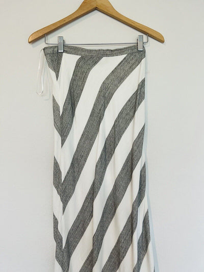 LULUS Cotton Linen Blend Wrap Skirt Sz S Grey White Striped Maxi Lined Tie Waist