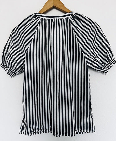 TALBOTS Tassel Tie Neck Blouse Sz S White Black Stripe Shirt Ruche Sleeve Boho