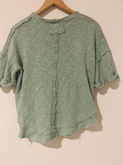 FREE PEOPLE We The Free Slouchy Crop Top Sz S Green Distressed V-Neck Shirt