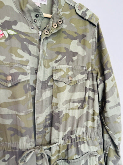 KNOX ROSE Embroidered Jacket Sz L Camo Anorak Cargo Utility Pockets Boho