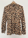 DEMOCRACY Leopard Animal Print Blouse Sz S Smocked High Neck Long Sleeve