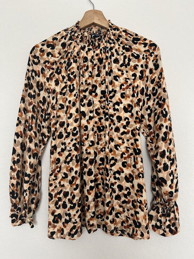 DEMOCRACY Leopard Animal Print Blouse Sz S Smocked High Neck Long Sleeve