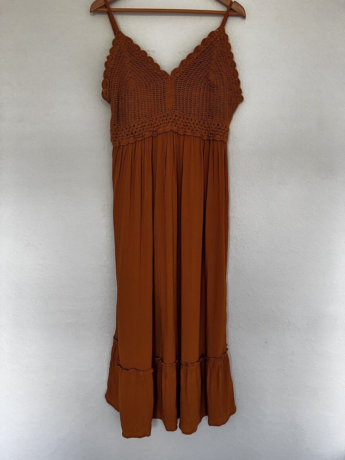 HINT OF BLUSH Crochet Boho Midi Dress Sz XL Rust Color Sleeveless 100% Rayon