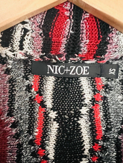 NIC + ZOE Linen Blend Cardigan Sweater Sz XS Stripe Drape Front Red Black Knit