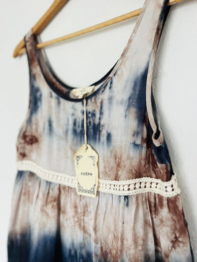ENTRO NWT Tie Dye Tiered Tunic Dress Sz S Flowy Crochet Trim Lined Boho Western