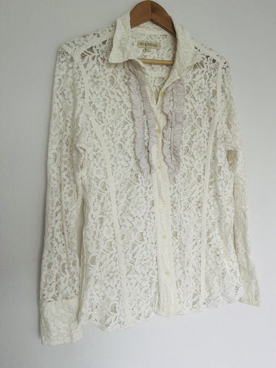 STETSON Ruffle Lace Shirt Sz XL Ivory Button Floral Long Sleeve Boho Western