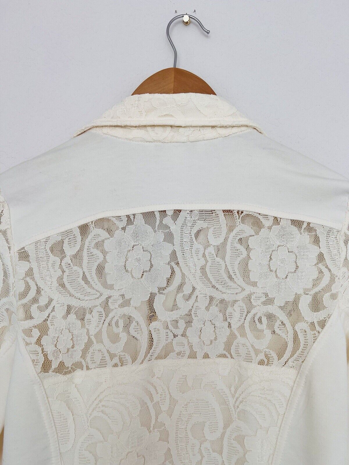 BOSTON PROPER Womens Mix Media Jacket Sz S Lace Jersey Gold Zip Ivory