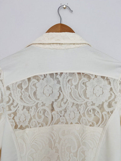 BOSTON PROPER Womens Mix Media Jacket Sz S Lace Jersey Gold Zip Ivory