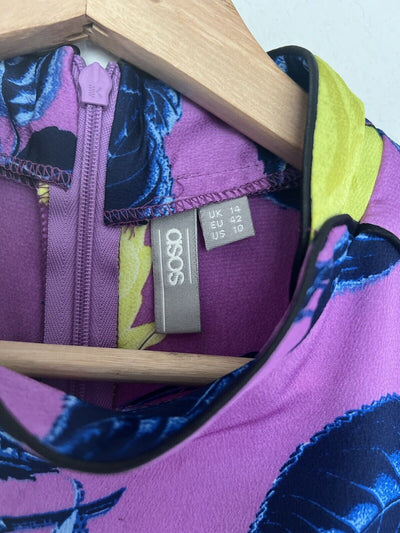 ASOS Purple/YellowFloral Dress Sz 10 High Neck Zip Back Short Sleeve