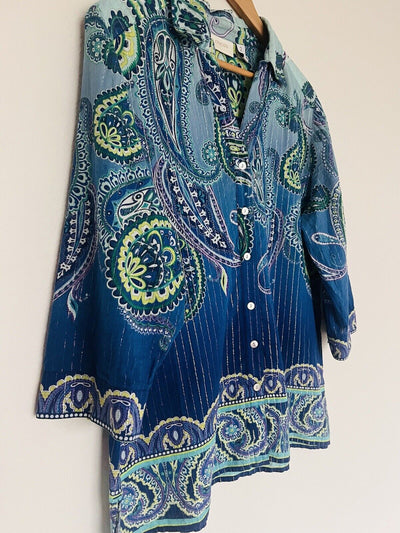 CHICO’S Paisley Blouse Sz Large Blue Lightweight Cotton Metallic Stripe Large
