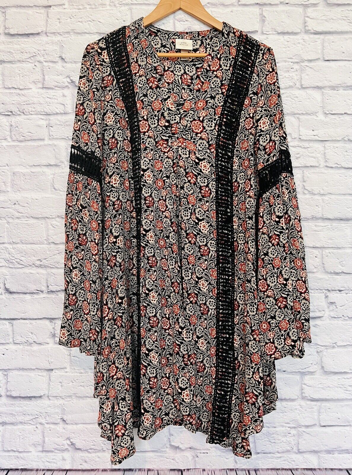 KNOX ROSE Womens Dress Size Sz L Black Rust Floral Bell Sleeve Flare Boho Hippie