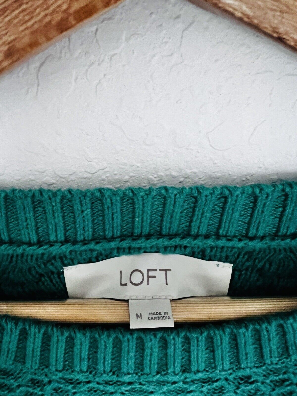 LOFT Pullover Green Knit Sweater Sz M Woven Detail Crew Neck Crop Short Boho