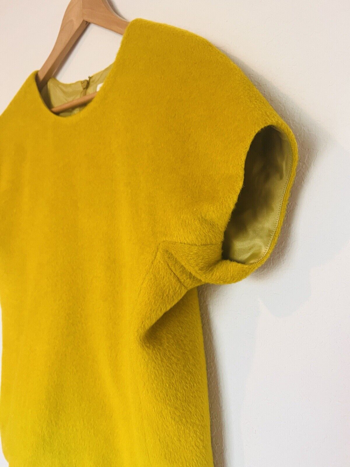 J. CREW Fuzzy Mustard Yellow Blouse Sz 8 Short Sleeve Top Lined Cropped Zip Back