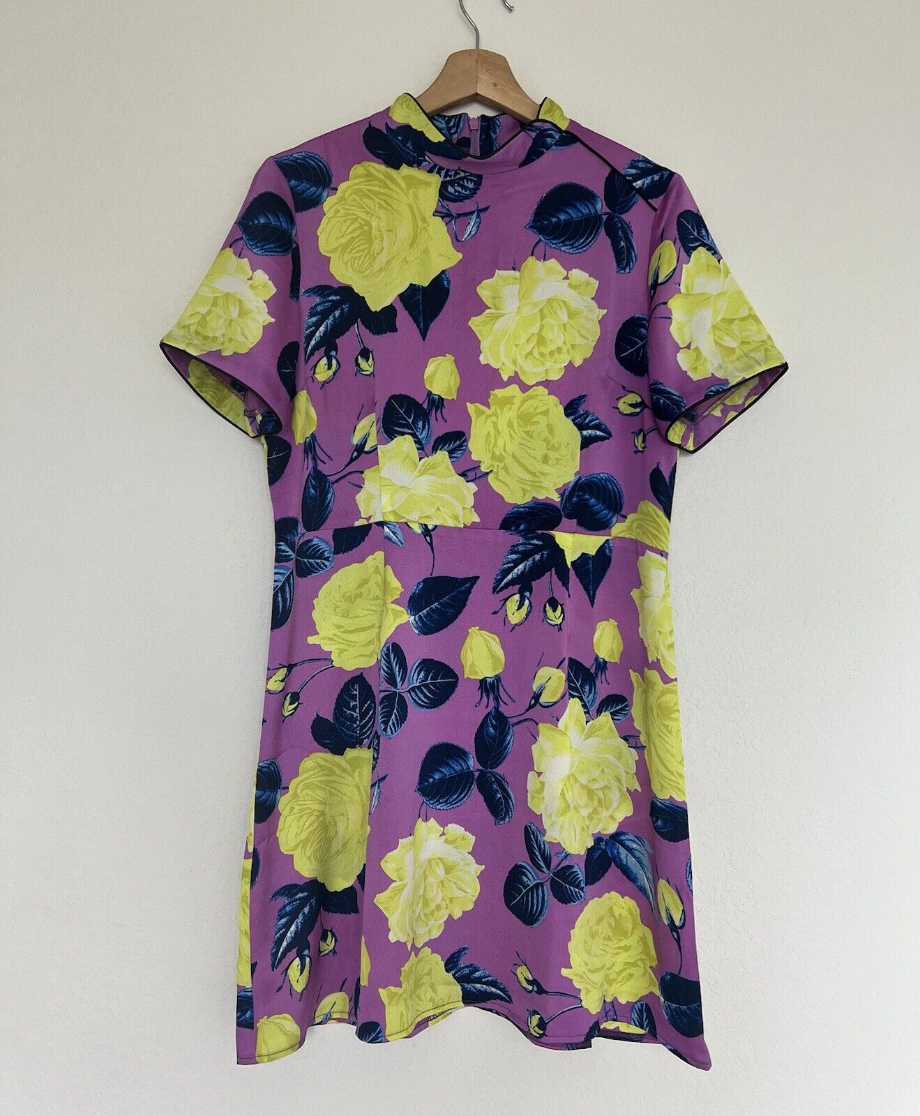 ASOS Purple/YellowFloral Dress Sz 10 High Neck Zip Back Short Sleeve
