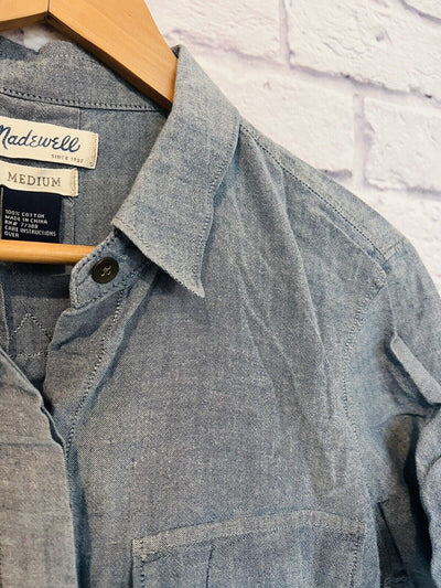 MADEWELL Womens Botton Up Shirt Gray Sz M Short Sleeve Classic Workwear Career
