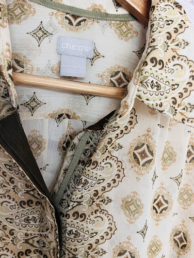 CHICOS Button Up Chiffon Blouse Sz 1 Sheer Long Sleeves Paisley Ivory Flowy