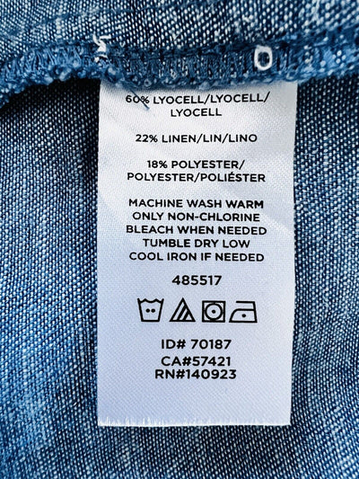 LOFT Chambray Linen Blend Blouse Sz M Button Back Peplum Top Long Sleeve Boho