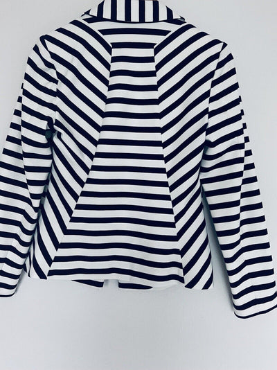 CHICO’S Knit Blazer Jacket Sz Small Nautical Blue White Stripes Cropped