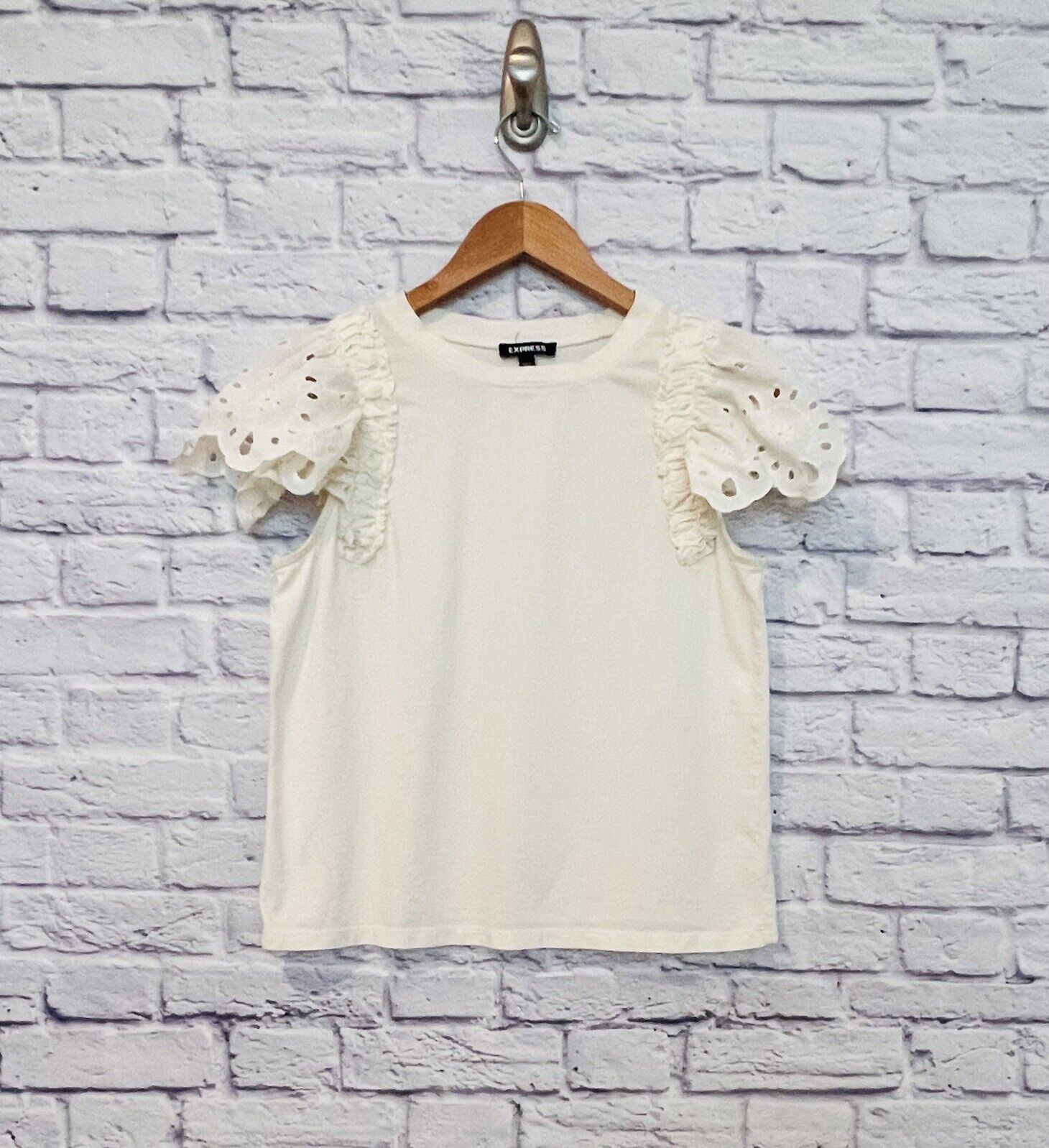 EXPRESS Womens Ivory Top Small Puff Eyelet Sleeves Boho 100% Cotton