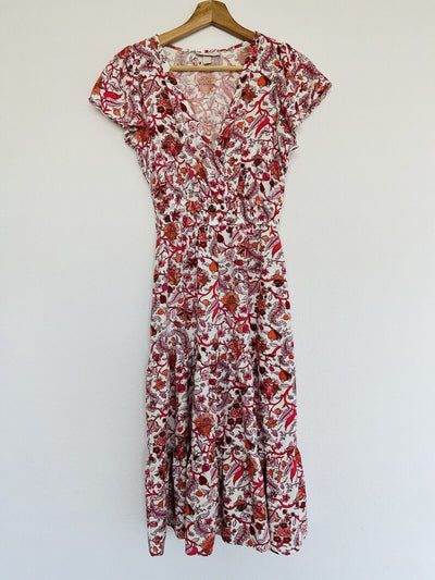 KNOX ROSE Floral V Neck Shift Dress Sz XS Red Midi Boho Romantic Peasant