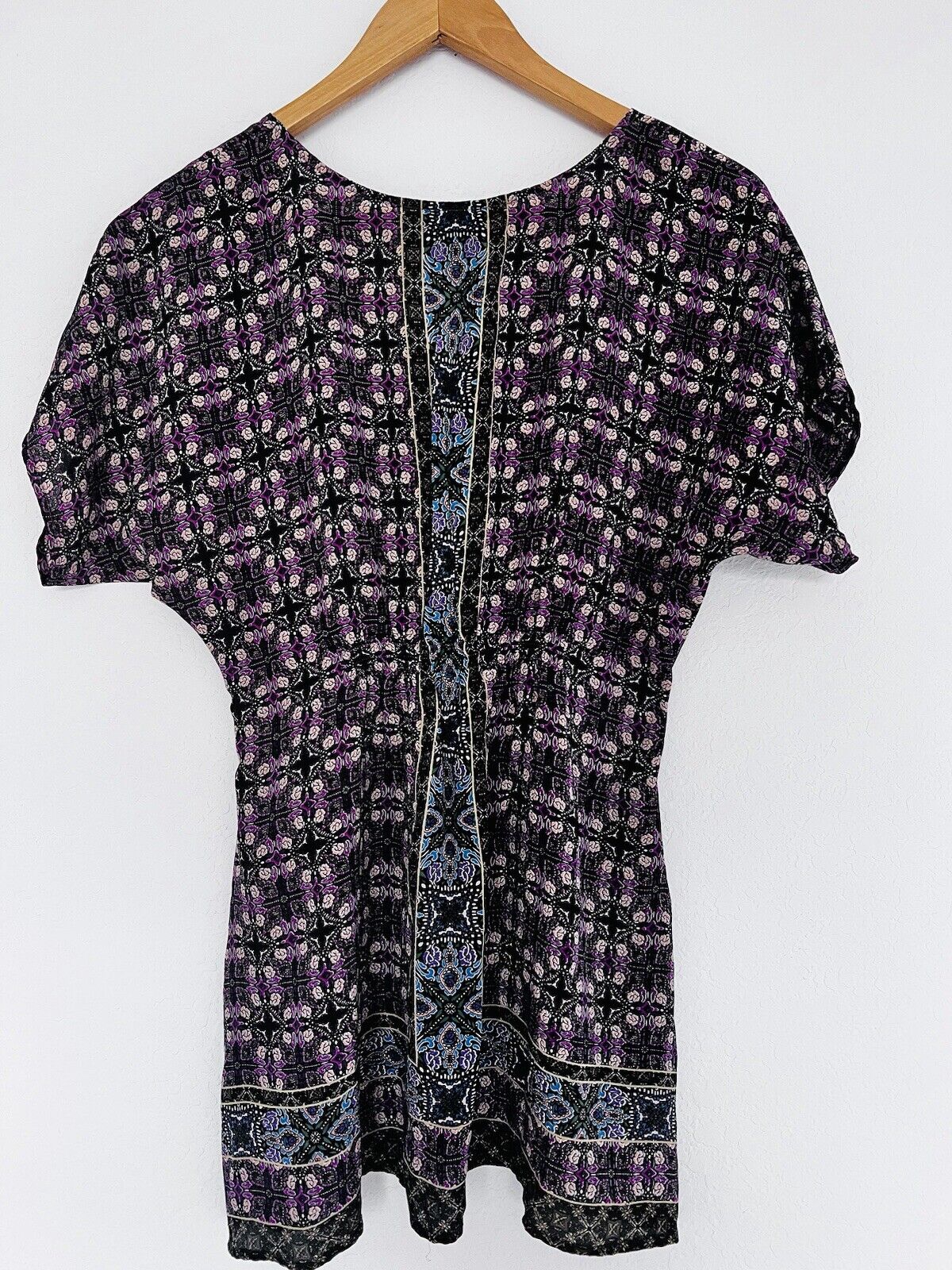 ANTHROPOLOGIE Fei 100% Silk Tunic Top Sz XS Dolman Geometric V-Neck Blouse