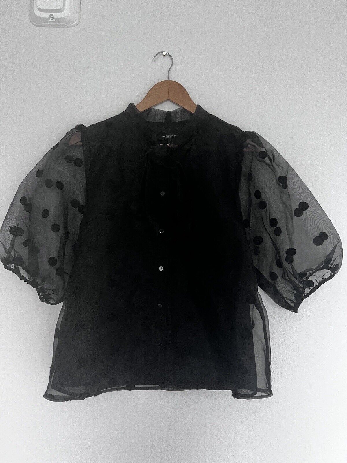 MARC NY Andrew Marc Black Top Sz L Polka Dot Puff Sheer Sleeve Tie Neck Blouse