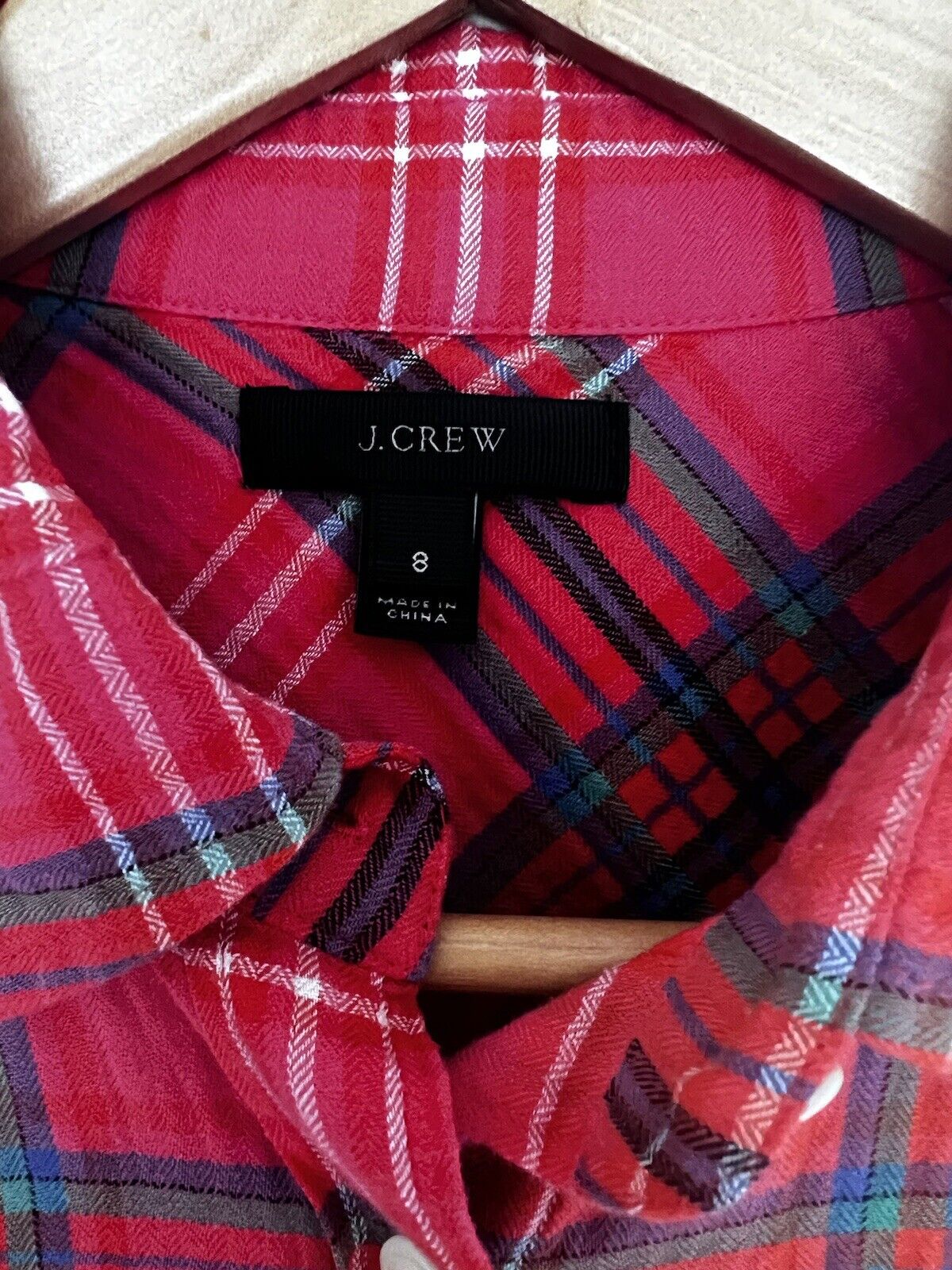 J CREW Women's Red Plaid Shirt Sz 8 Botton Down Collared Long Sleeve Top Boho