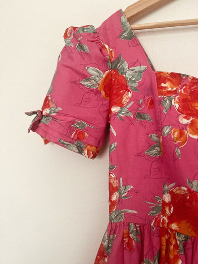 LAURA ASHLEY VTG 80s Dress US Sz 10 Pink Red Floral Cottagecore Bow Puff Sleeve