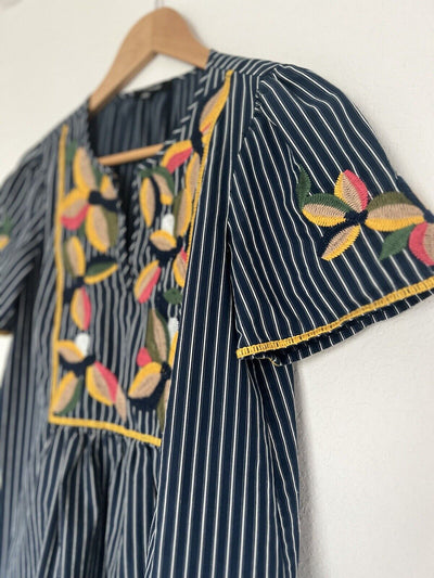 MADEWELL Navy Blue Stripe Top Sz XS Embroidered Floral Blouse Boho Hippie Style