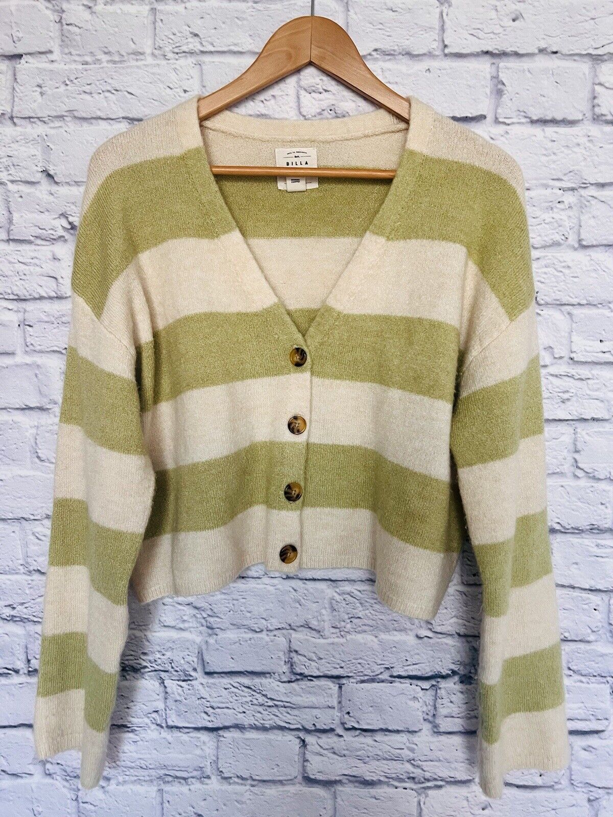 BILLABONG Womens Sweater Crop Sz M Lime/Cream Cozy Soft Cardigan