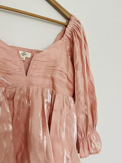 ENTRO Pink Iridescent Smocked Blouse 3/4 Bell Sleeve Babydoll Fairy Top Boho