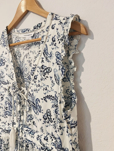 LUCKY BRAND Blue Paisley Dress Sz L Sleeveless Ruffle Tie Neck Crochet Boho