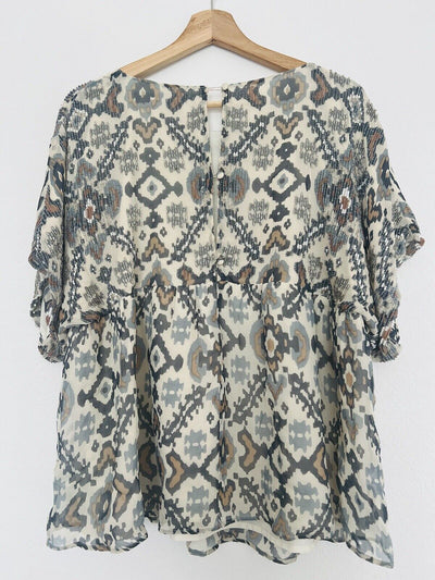 French Connection Aztec Beaded Tunic Blouse Sz M Babydoll Western Top Boho