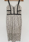 EXPRESS Black & White Floral Lace Dress Sz S Corset Crochet Sheath Velvet Trim