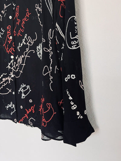 ALLSAINTS Kyra Embroidered Blouse Sz M Black Lightweight Sheer Button Down