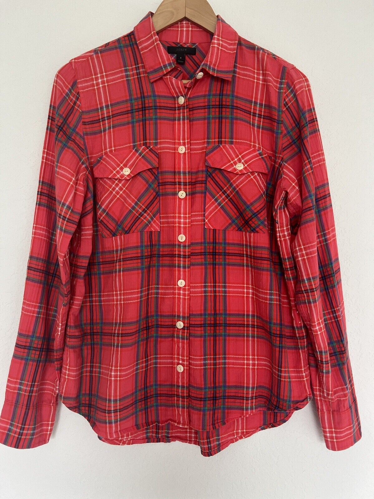 J CREW Women's Red Plaid Shirt Sz 8 Botton Down Collared Long Sleeve Top Boho