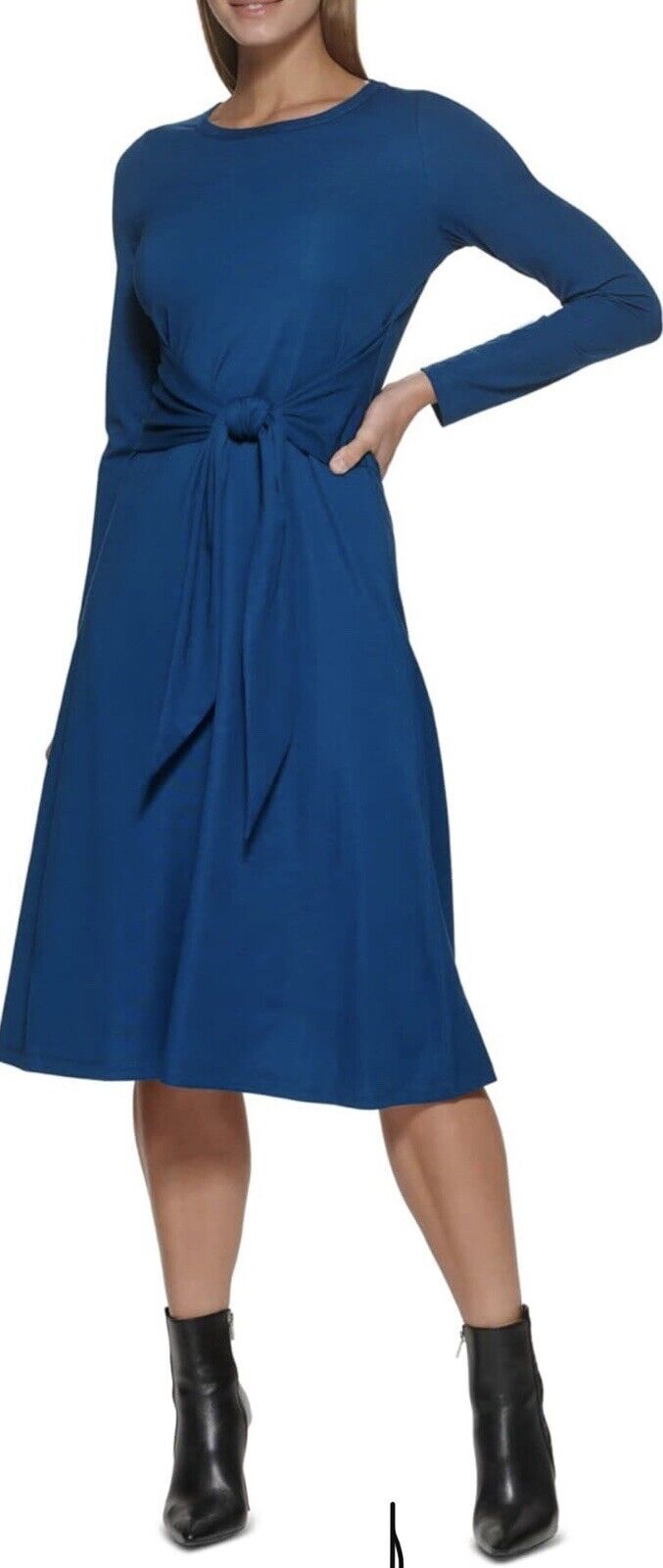DKNY Blue Stretch Dress Sz 12 Tie Long Sleeve Midi Fit & Flare Classic Office
