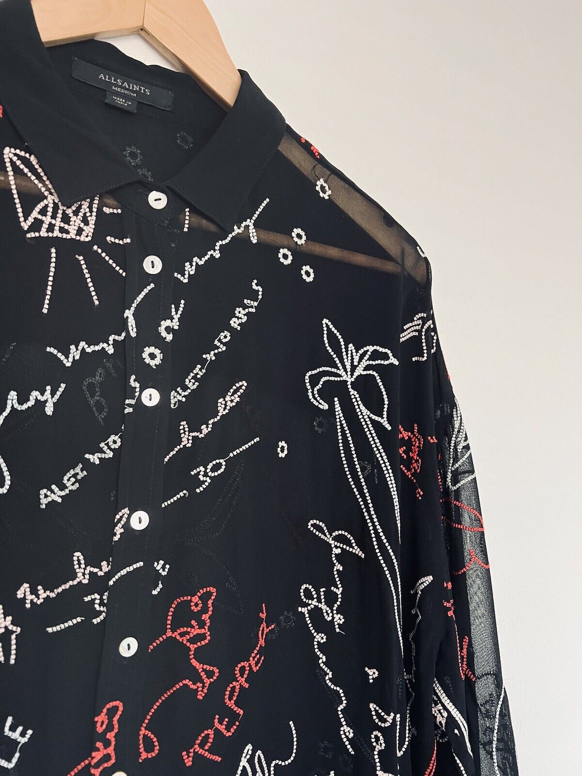 ALLSAINTS Kyra Embroidered Blouse Sz M Black Lightweight Sheer Button Down