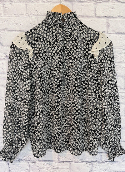 ANN TAYLOR Floral Smock Ruffle Blouse Sz P Small Ditsy Flower Workwear Career
