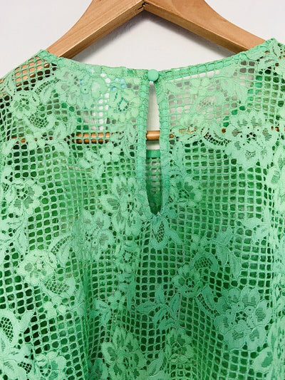 FUTURE COLLECTIVE Lace Waffle Top Sz M Floral Peplum Crop Blouse Puff Sleeves