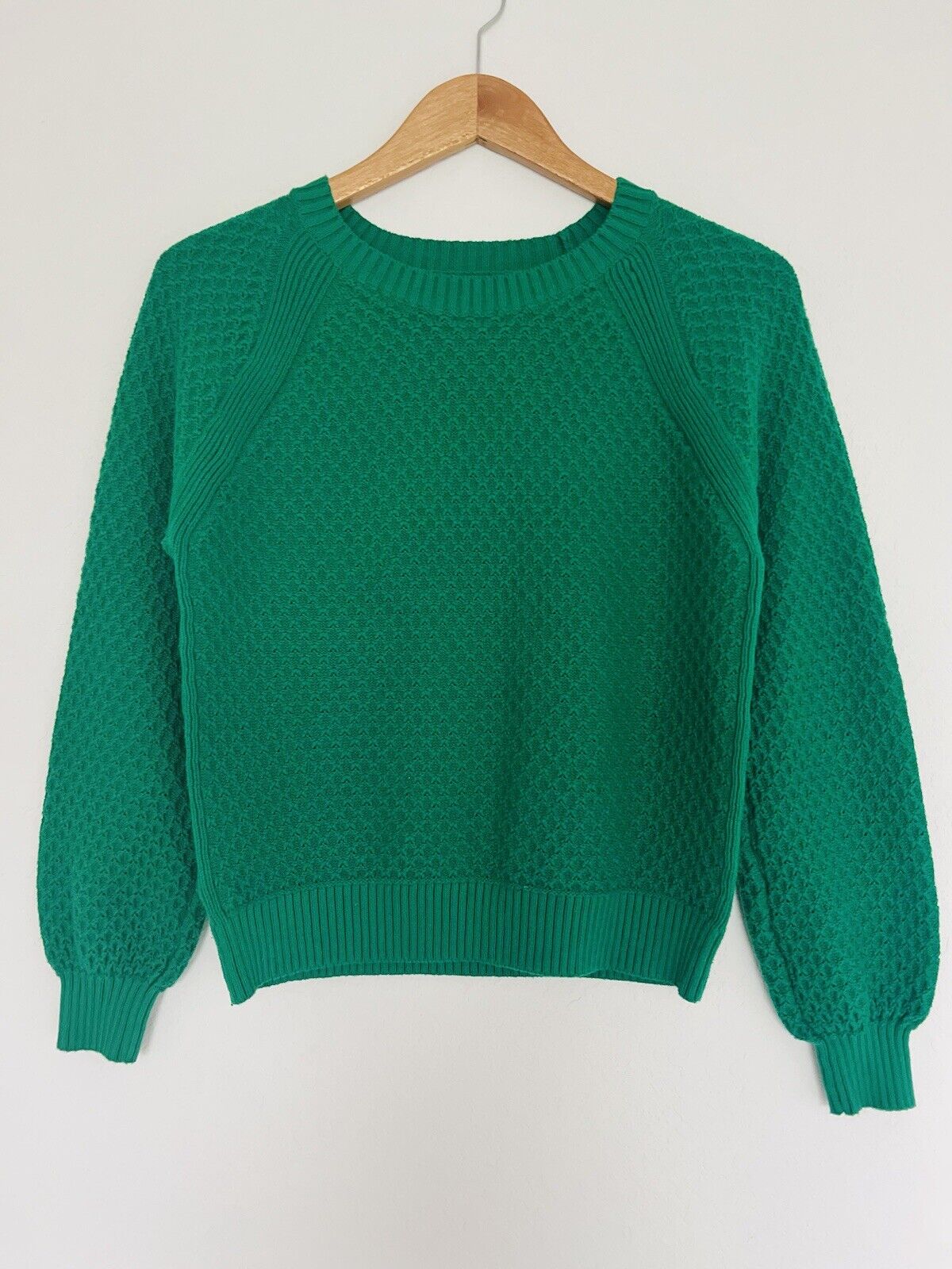 LOFT Pullover Green Knit Sweater Sz M Woven Detail Crew Neck Crop Short Boho