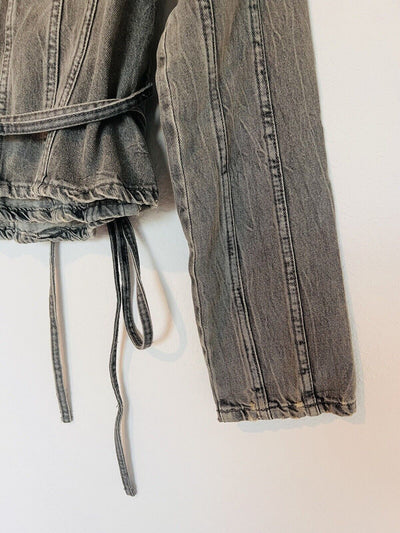 ZARA Womens Tie Wrap Front Gray Denim Top Sz XS Gray Shirt Long Sleeve Y2K