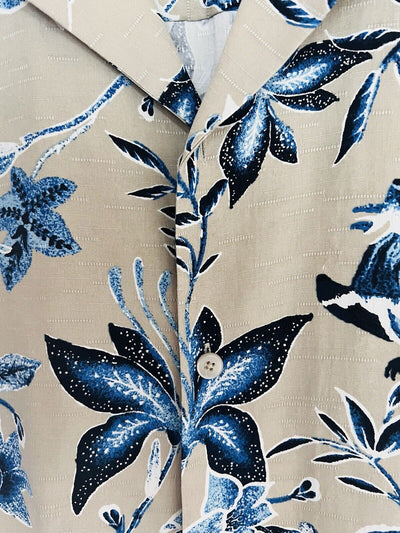 CLAIBORNE Mens 100% Silk Hawaiian Shirt Sz L Floral Print Button Down Beige Blue