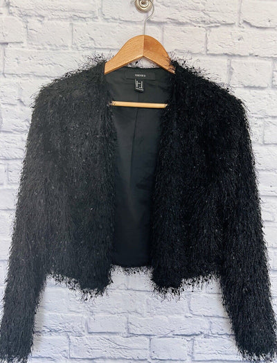 FOREVER 21 Womens Black Eyelash Shag Crop Jacket Sz M Dark Romantic Whimsigoth