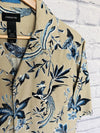 CLAIBORNE Mens 100% Silk Hawaiian Shirt Sz L Floral Print Button Down Beige Blue