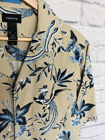 CLAIBORNE Mens 100% Silk Hawaiian Shirt Sz L Floral Print Button Down Beige Blue