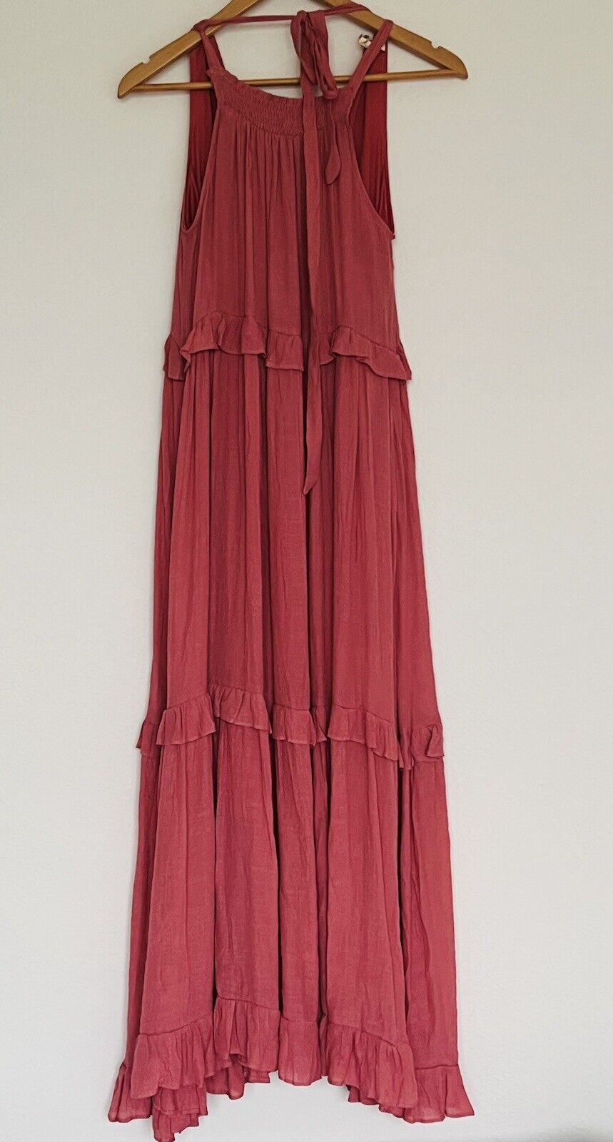 LISTICLE Mauve Color Maxi Dress Sz S Tiered Ruffle Long Flowy Boho Tie Neck